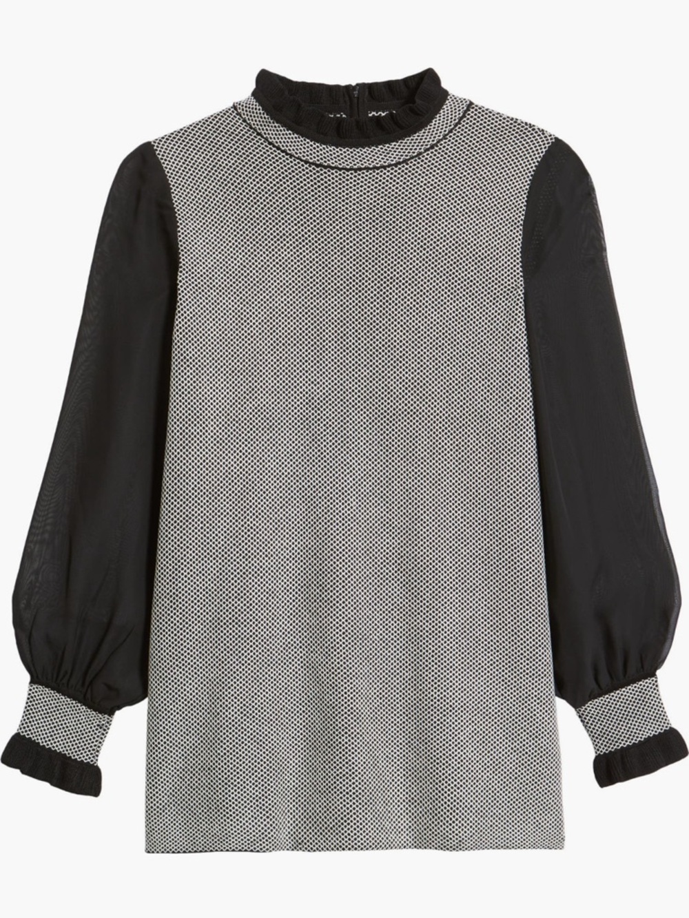 Ming‎ Wang Sheer Sleeve Ruffle Trim Tunic Sweater Black Size Small